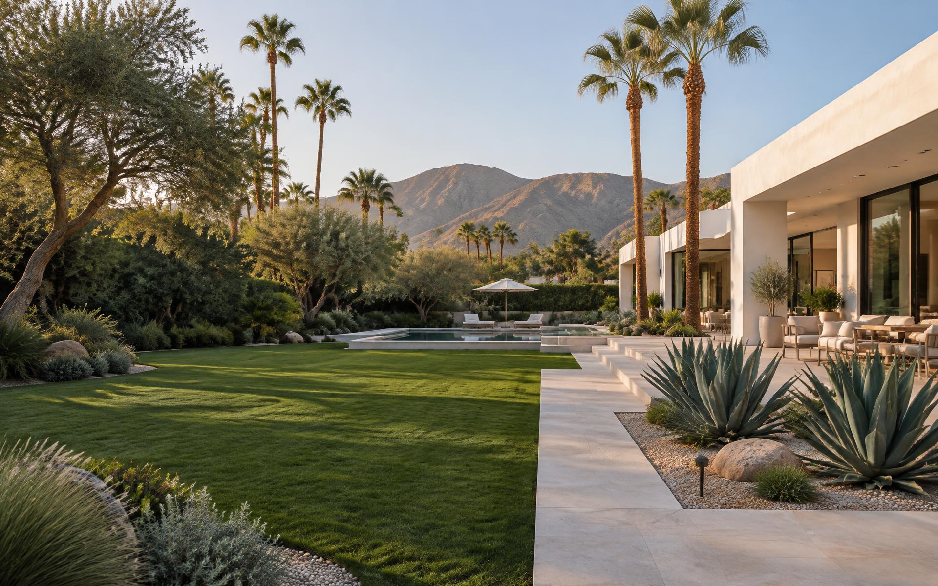 Landscape inspiration: modern desert home with a lawn, agave, palm trees and a stone patio
